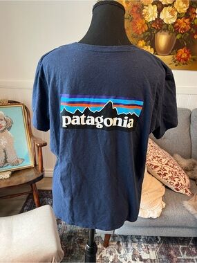 Women’s Patagonia Navy Logo Tee with Multicolor Mountain Graphic XL Like New